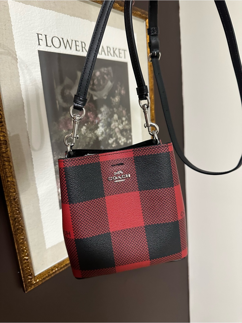Coach Mini Town Bucket Bag Buffalo Plaid Red Black C7267 Crossbody